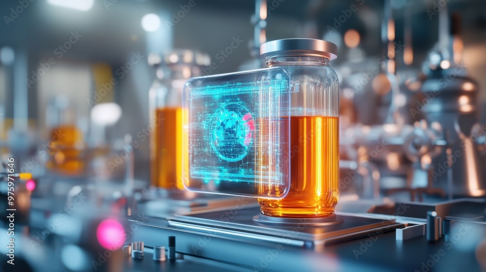 Whiskey distillery, automated machines with holographic interfaces, modern industrial design Whiskey distillery, automated machines with holographic interfaces, modern industrial design