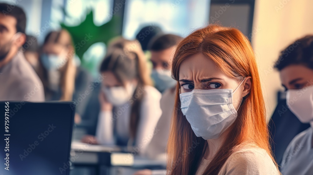 A crowded office where one employee is visibly unwell, wearing a face mask, while others are concerned, showcasing the impact of contagious diseases in a shared workspace A crowded office where one employee is visibly unwell, wearing a face mask, while others are concerned, showcasing the impact of contagious diseases in a shared workspace
