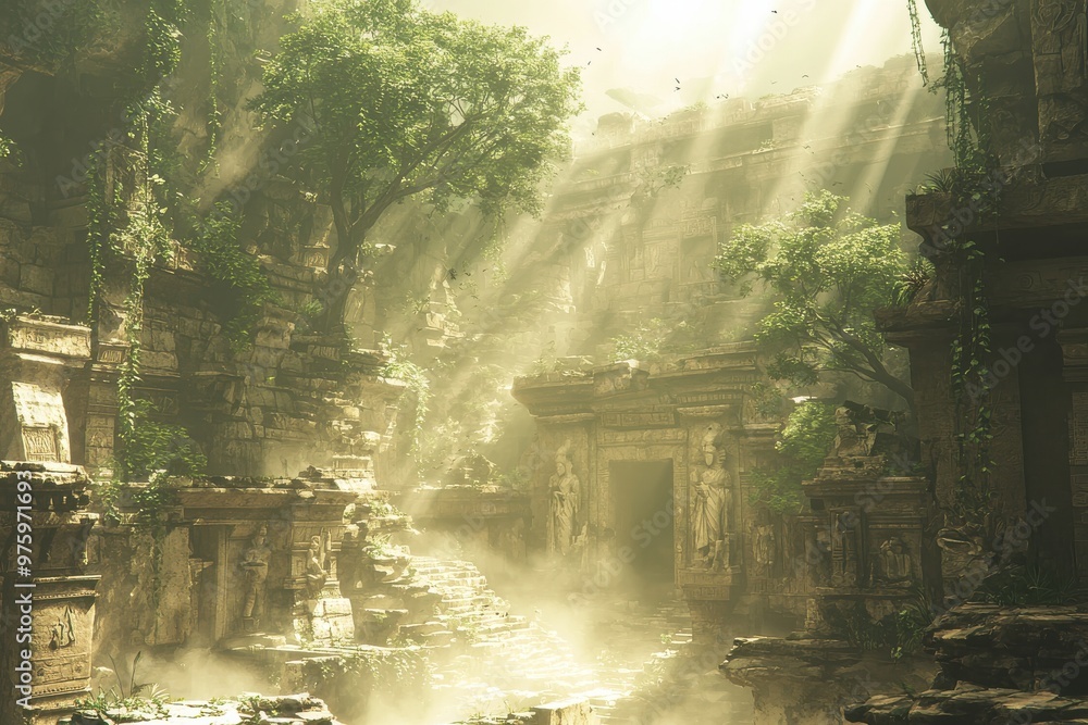 Fantastical jungle landscape with ancient ruins bathed in sunlight Fantastical jungle landscape with ancient ruins bathed in sunlight