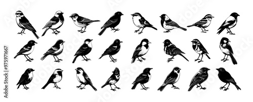 Small tiny birds black ink sketch vector collection. Swallow sparrow tit starling thrush plumage tails beaks wings gliding soaring wildlife forest creatures sketches isolated on white background