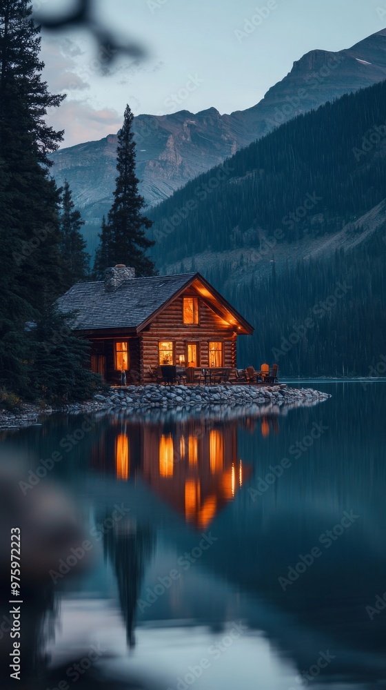 Cozy wooden cabin by mountain lake at dusk, tranquil retreat concept Cozy wooden cabin by mountain lake at dusk, tranquil retreat concept