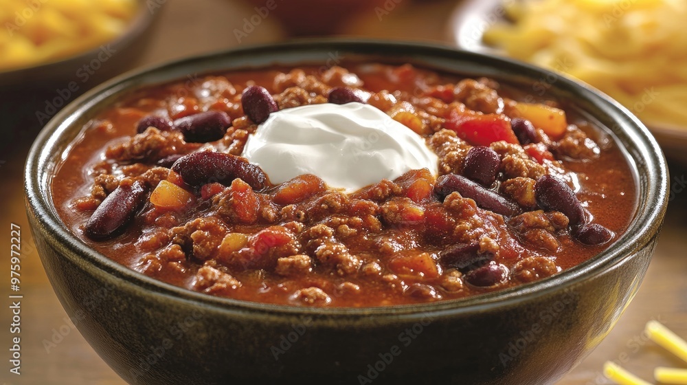 Bowl of chili with cheese and sour cream