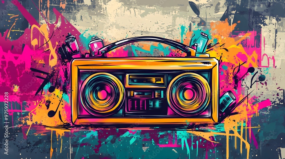 A colorful, retro boombox set against a graffiti-splattered background, evoking a lively and energetic street art vibe. A colorful, retro boombox set against a graffiti-splattered background, evoking a lively and energetic street art vibe.