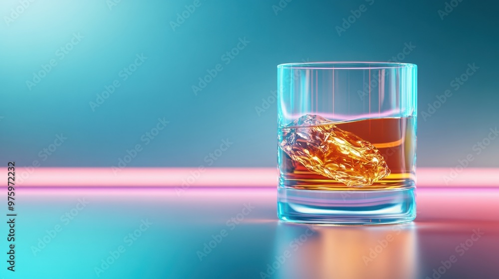 Whiskey glass floating above a holographic bar, neon backdrop, sleek modern design Whiskey glass floating above a holographic bar, neon backdrop, sleek modern design