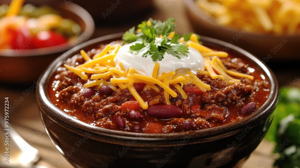 Bowl of chili with cheese and sour cream Bowl of chili with cheese and sour cream