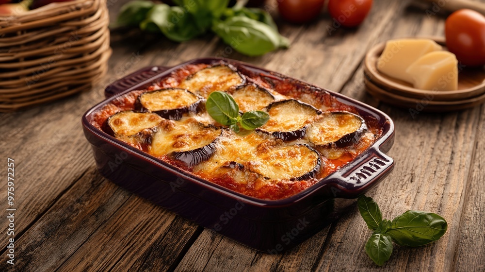 Eggplant Parmigiana, a classic Italian dish featuring layers of breaded eggplant slices baked with marinara sauce and melted cheese, offering a rich and savory flavor. Eggplant Parmigiana, a classic Italian dish featuring layers of breaded eggplant slices baked with marinara sauce and melted cheese, offering a rich and savory flavor.