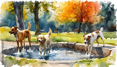 Whimsical watercolor scene of a park featuring a playful dog

 photo