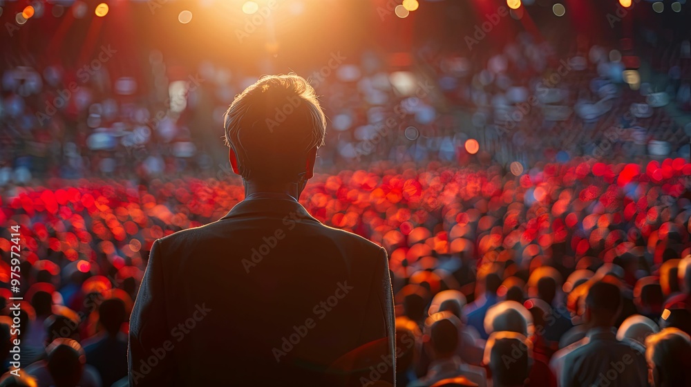 A lone speaker silhouetted against a blurred crowd of people illuminated by stage lights. A lone speaker silhouetted against a blurred crowd of people illuminated by stage lights.