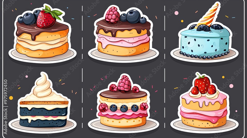 Set of various birthday cakes. Vector flat illustration sticker pack. Cliparts for holidays and greetings Set of various birthday cakes. Vector flat illustration sticker pack. Cliparts for holidays and greetings