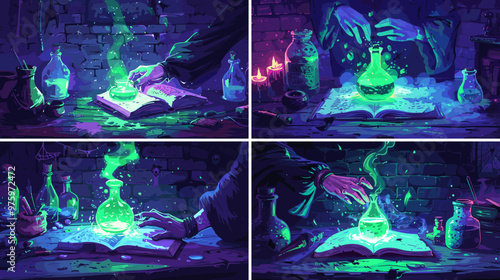 Sorceress hands casting cartoon vector concepts. Wrists gesture fingers grimoire fragment vial toxin flasks tubes radiant elixir enchantment shadow crypt mage spells alchemistry props illustrations