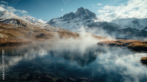 A hot spring in a remote mountain area, with steam rising from the water and snow-covered peaks in the background