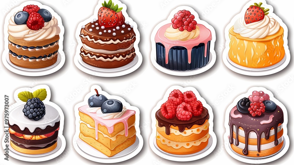 Set of various birthday cakes. Vector flat illustration sticker pack. Cliparts for holidays and greetings Set of various birthday cakes. Vector flat illustration sticker pack. Cliparts for holidays and greetings