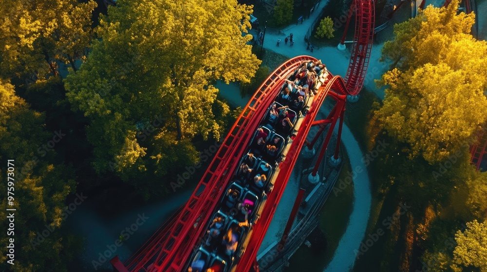 Aerial view of a tall, twisting roller coaster track with screaming riders going down a steep drop at an amusement park Aerial view of a tall, twisting roller coaster track with screaming riders going down a steep drop at an amusement park