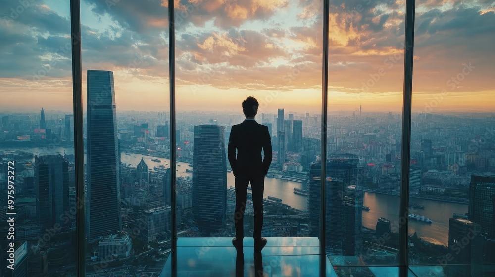 Businessman looking out from the top floor of a skyscraper, gazing at the vast city below through a glass window Businessman looking out from the top floor of a skyscraper, gazing at the vast city below through a glass window