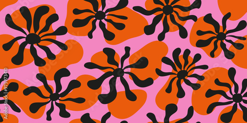 Hand drawn groovy floral seamless pattern with liquid shape in background. Retro style aesthetic prints for modern fabric design with melting organic shapes.