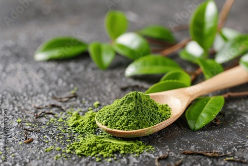 green tea leaves on wooden background