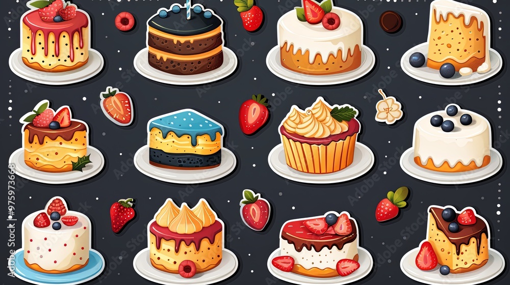 Set of various birthday cakes. Vector flat illustration sticker pack. Cliparts for holidays and greetings Set of various birthday cakes. Vector flat illustration sticker pack. Cliparts for holidays and greetings