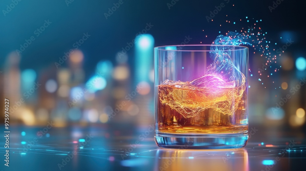 Whiskey glass, vibrant holographic steam effect, futuristic city skyline background Whiskey glass, vibrant holographic steam effect, futuristic city skyline background