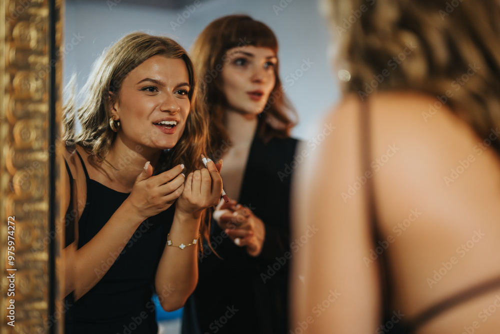 Fototapeta premium Two women getting ready for a night out, applying makeup in front of a mirror, conveying excitement and friendship. They are dressed elegantly, ready to enjoy an evening event.