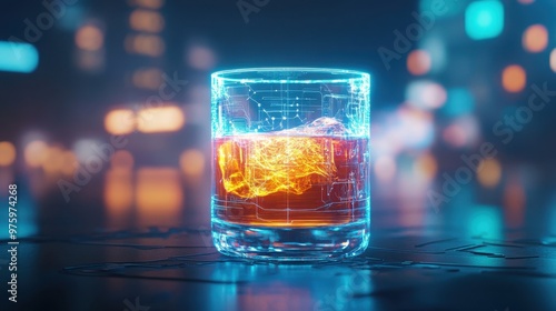 Wallpaper Mural Whiskey glass with a holographic glow, futuristic lounge, neon city backdrop Torontodigital.ca
