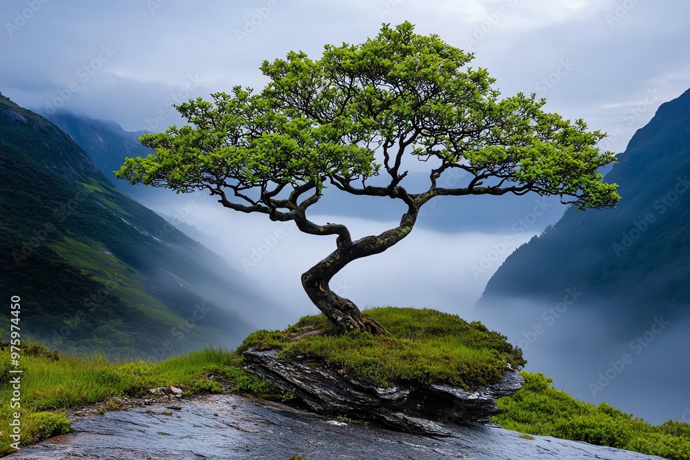 A lone tree on a foggy hillside, its branches stark against the mist, creating a haunting, ethereal mood A lone tree on a foggy hillside, its branches stark against the mist, creating a haunting, ethereal mood