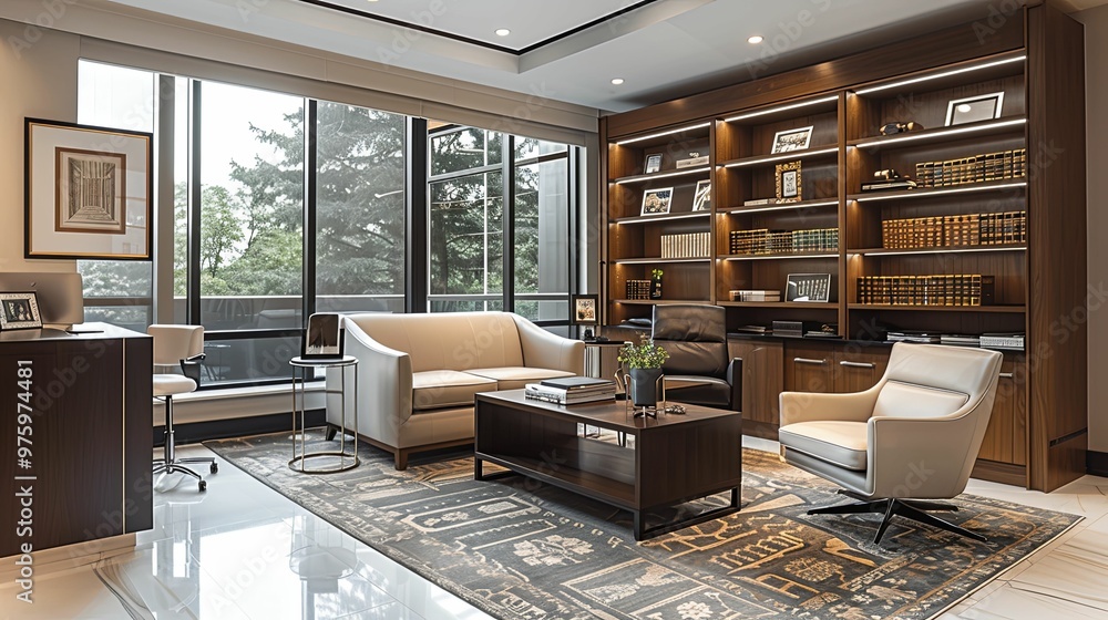Modern Office Interior with Large Windows, Bookcase, and Furniture Modern Office Interior with Large Windows, Bookcase, and Furniture
