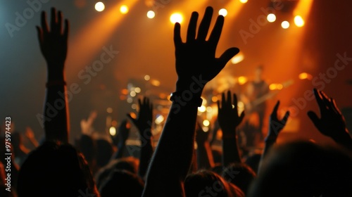 Crowd enjoying a live music concert, with hands raised and stage lights in the background, creating a vibrant atmosphere