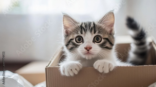 Cute kitten peeking out from a cardboard box, surrounded by packing materials in a bright room