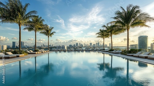 Luxurious hotel pool with palm trees and city views