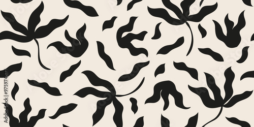 Hand drawn abstract floral leaf seamless pattern, silhouette of fallen leaves. Design for textile, fabric, wallpaper, covers, cards, wall art, wrapping and decoration.