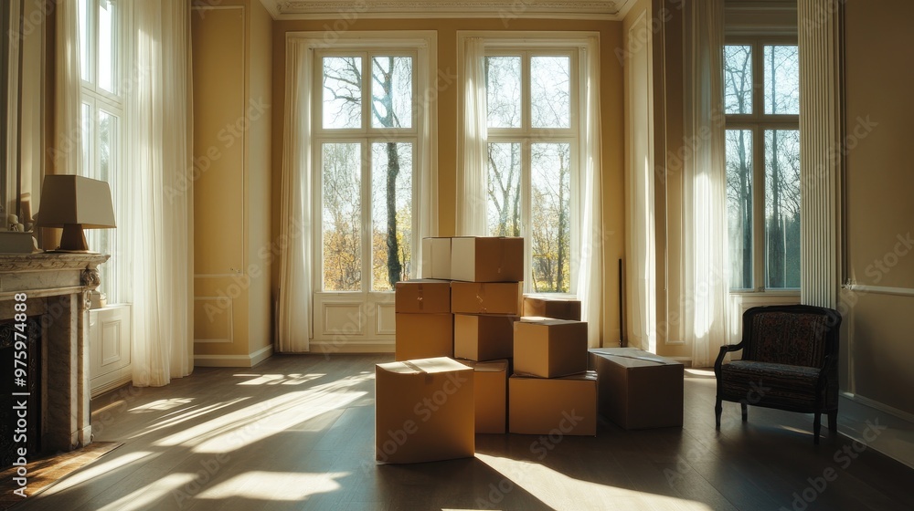 Fototapeta premium Empty living room with sunlight streaming through large windows, filled with stacked boxes ready for unpacking