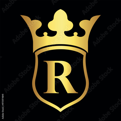 Initial shield crown Logo combine with letter R vector template