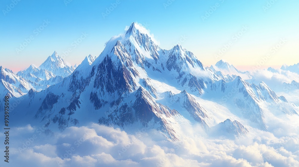 High mountain range with snow-capped peaks reaching into the sky, surrounded by a sea of clouds below High mountain range with snow-capped peaks reaching into the sky, surrounded by a sea of clouds below