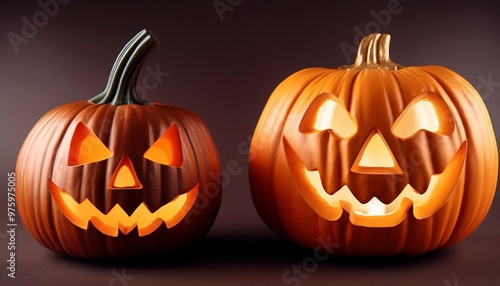 two jack o lantern pumpkins one traditional one elaborate on a dark background