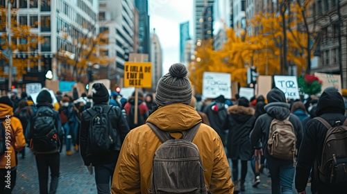 A single person walking through a crowd during a protest.