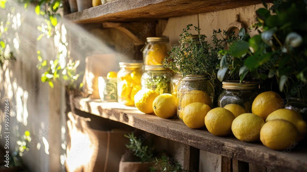Sunlight pours over a rustic shelf filled with lemons, jars, and herbs, creating a cozy home market setting. Sunlight pours over a rustic shelf filled with lemons, jars, and herbs, creating a cozy home market setting.