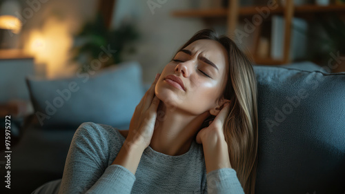 Sad and depressed woman sitting on sofa at home