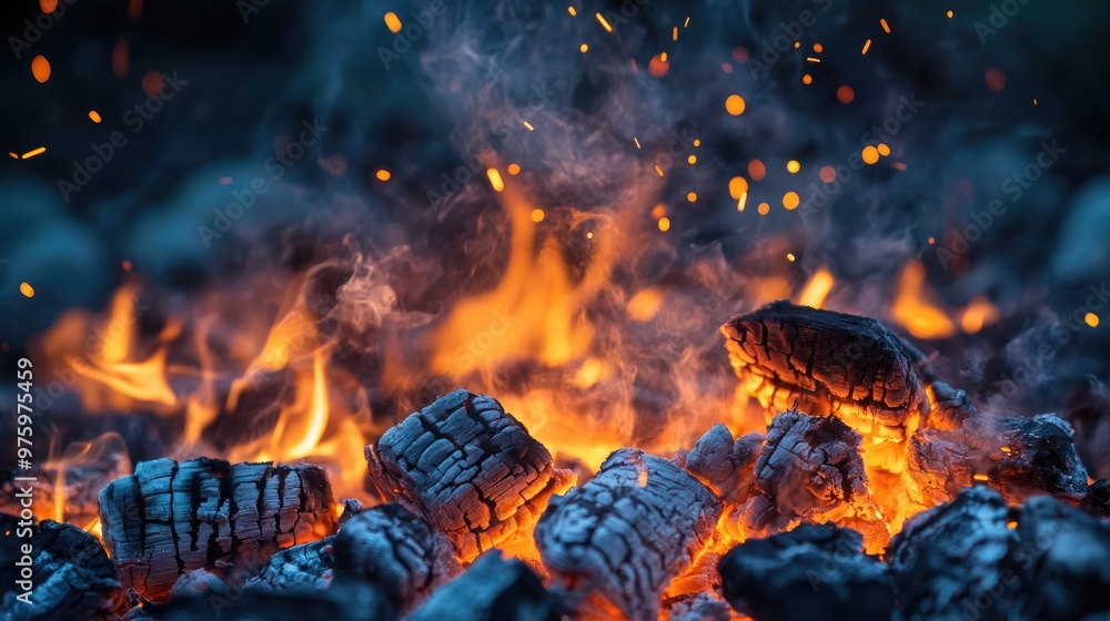 Hot coals glowing brightly in a campfire, with sparks flying against a dark night sky in a camping setting Hot coals glowing brightly in a campfire, with sparks flying against a dark night sky in a camping setting
