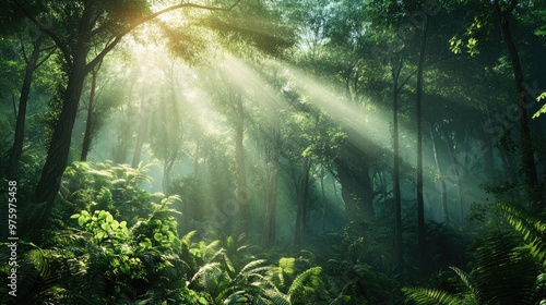 Sunlight streams through the lush trees, illuminating the serene forest, creating a peaceful and calming natural scene.