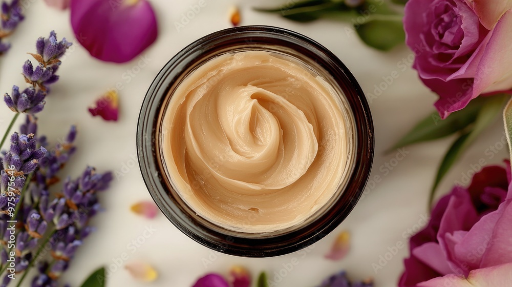Jar of rich body butter cream with a swirl of the product visible, surrounded by fresh lavender and rose petals