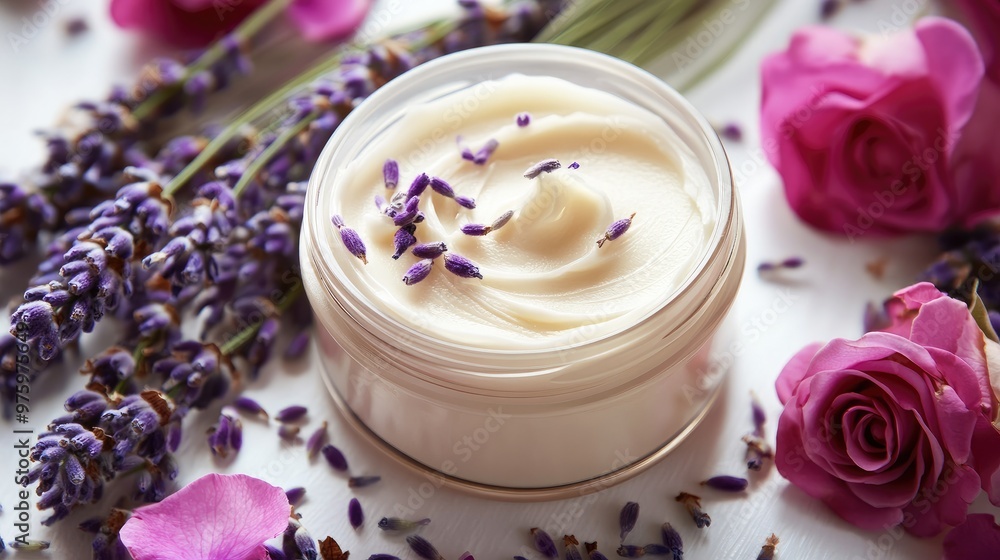 Jar of rich body butter cream with a swirl of the product visible, surrounded by fresh lavender and rose petals Jar of rich body butter cream with a swirl of the product visible, surrounded by fresh lavender and rose petals