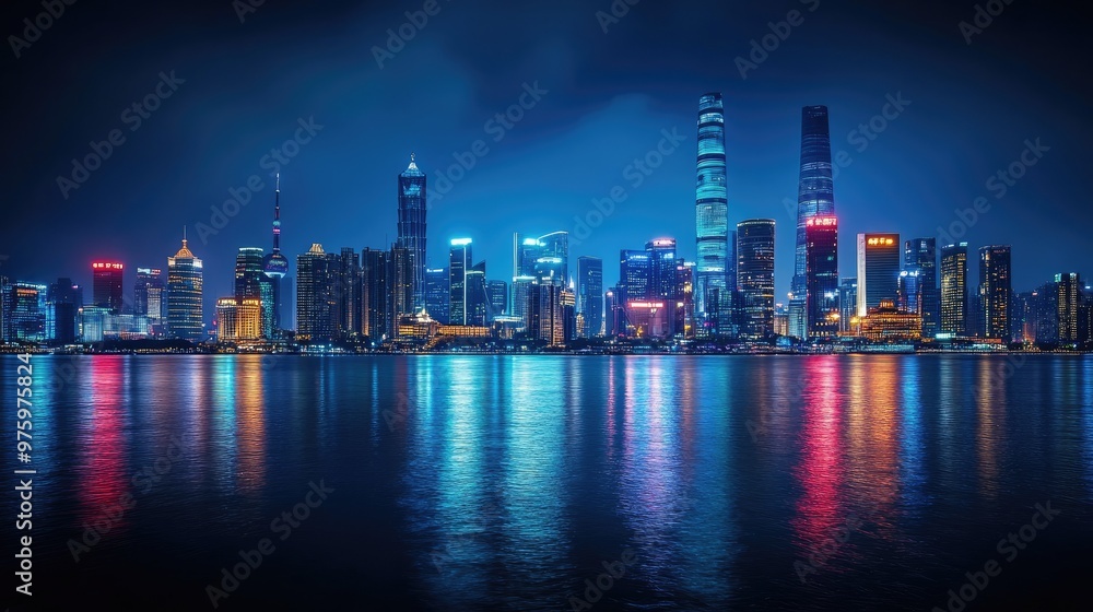 Night view of a bustling urban skyline with skyscrapers lit up, and a river reflecting the vibrant city lights Night view of a bustling urban skyline with skyscrapers lit up, and a river reflecting the vibrant city lights
