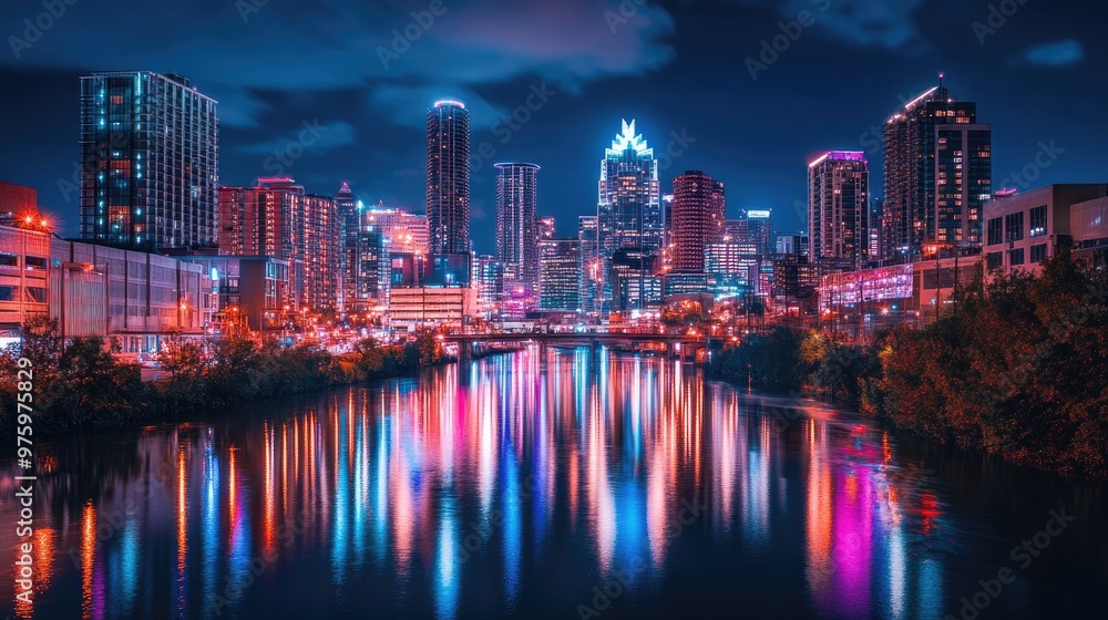 Night view of a bustling urban skyline with skyscrapers lit up, and a river reflecting the vibrant city lights Night view of a bustling urban skyline with skyscrapers lit up, and a river reflecting the vibrant city lights