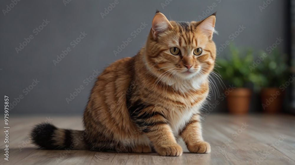 Chubby Adorable Fluffy Tabby ginger Cat with Bright Green Eyes  High-Resolution Close-Up