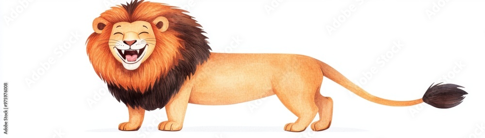 Illustrated image of a smiling lion standing on a white background, showcasing detail and vibrant colors, perfect for educational or decorative use. Illustrated image of a smiling lion standing on a white background, showcasing detail and vibrant colors, perfect for educational or decorative use.
