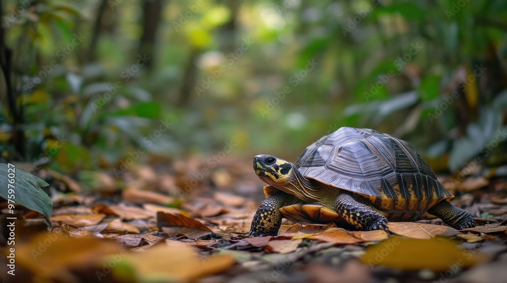 Fototapeta premium A turtle walking on a forest path, surrounded by lush greenery and fallen leaves