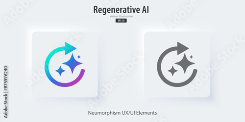 Regenerate AI icon, 3D buttons with icon symbols. Revise and edit work. Enter command text to generate ideas, Neumorphism style, UI UX design for app and web, Vector illustration.