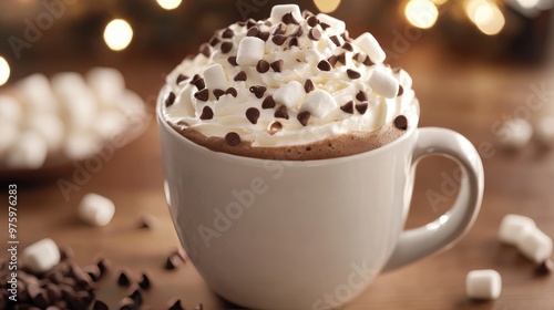 Soft, fluffy whipped cream on top of a hot cocoa mug, sprinkled with chocolate chips and marshmallows photo