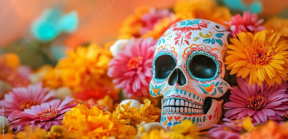 Day of the Dead skull on soft pastel background with bright flowers. Dia de los Muertos banner with copy space Day of the Dead skull on soft pastel background with bright flowers. Dia de los Muertos banner with copy space