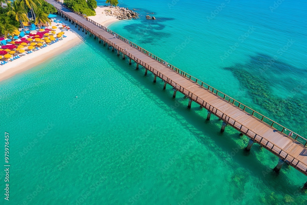 A picturesque pier stretching out into the clear waters of West Bay, with beach chairs and umbrellas lining the shore A picturesque pier stretching out into the clear waters of West Bay, with beach chairs and umbrellas lining the shore